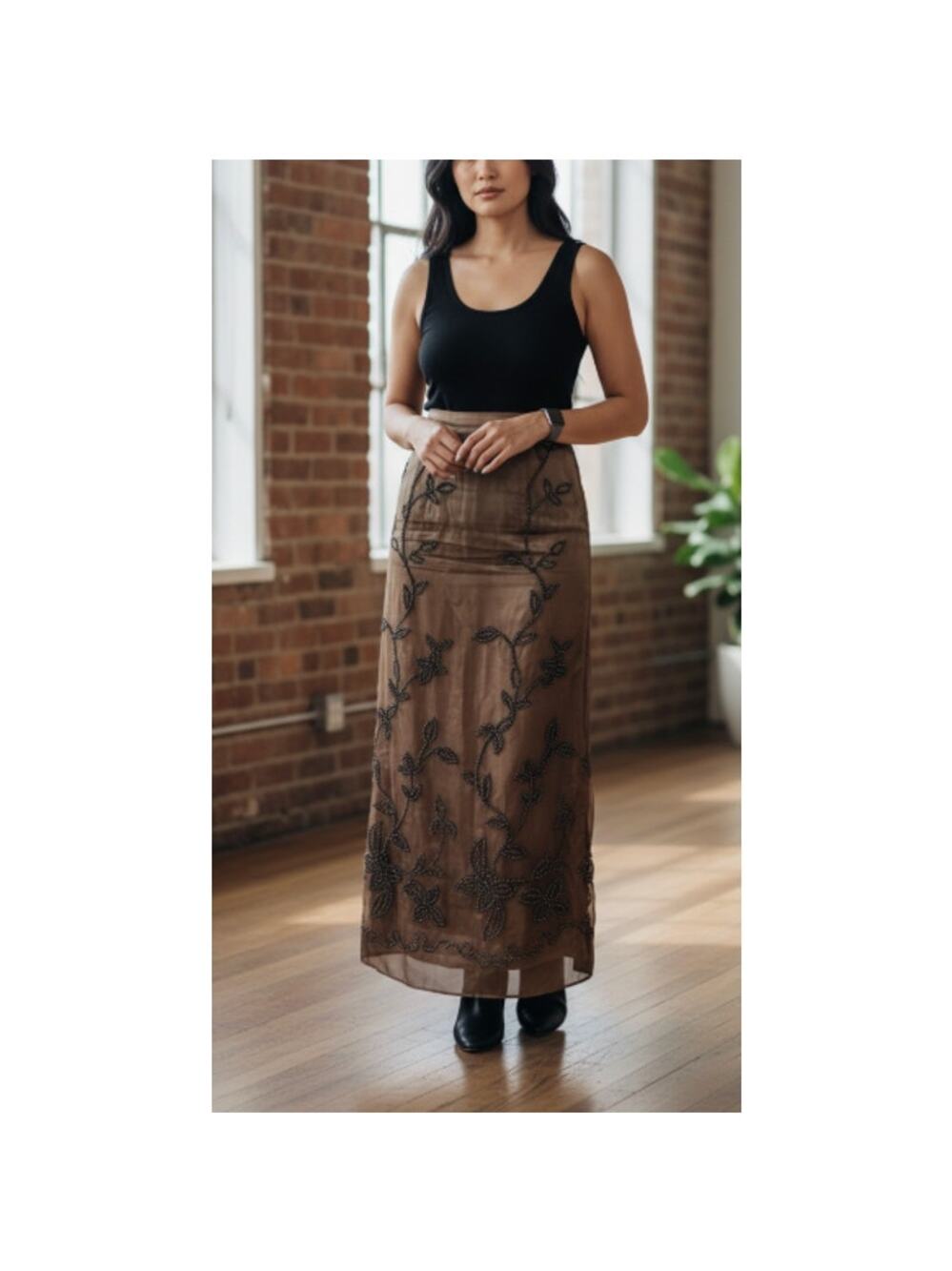 Vintage 90s Rachel Kaye Beaded Mesh Maxi Skirt Bronze Satin size 8 NEW